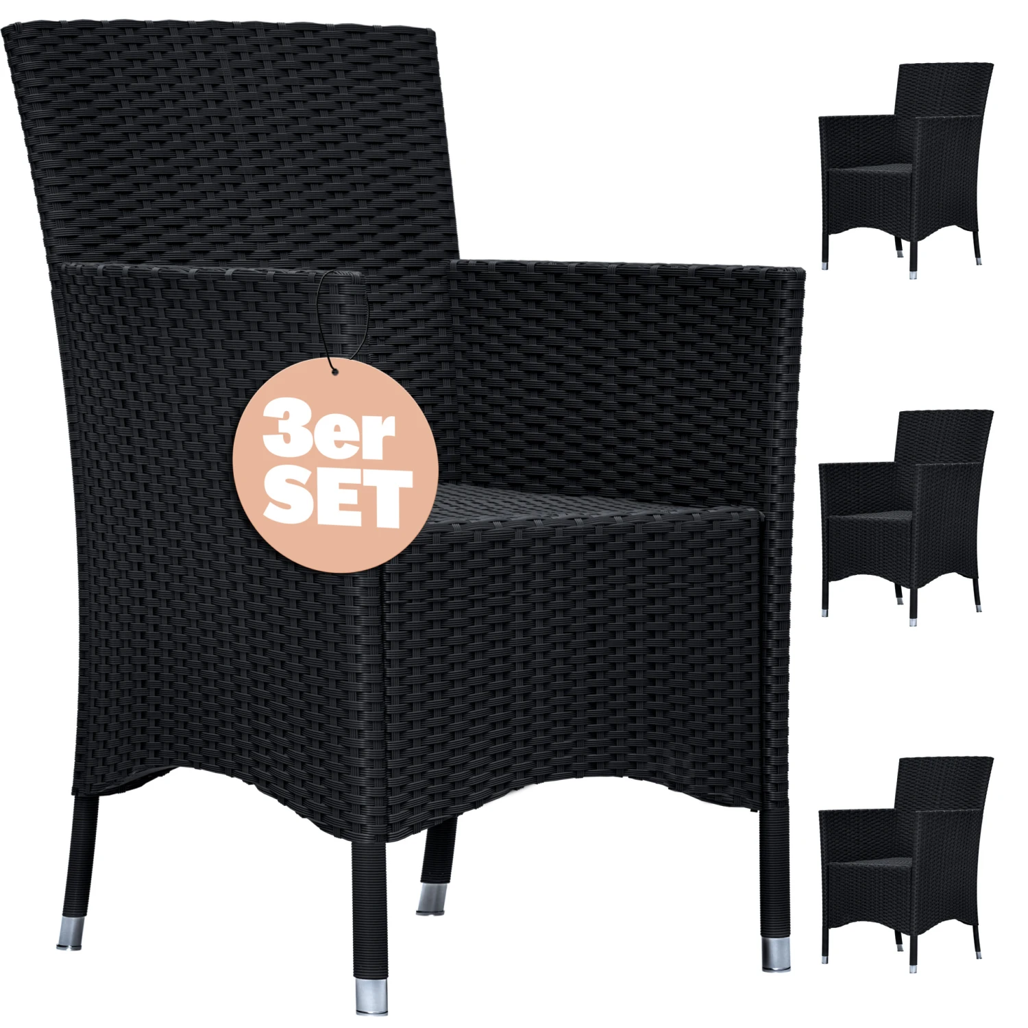 Polyrattan Gartenstuhl 3er-Set Schwarz Stapelbar