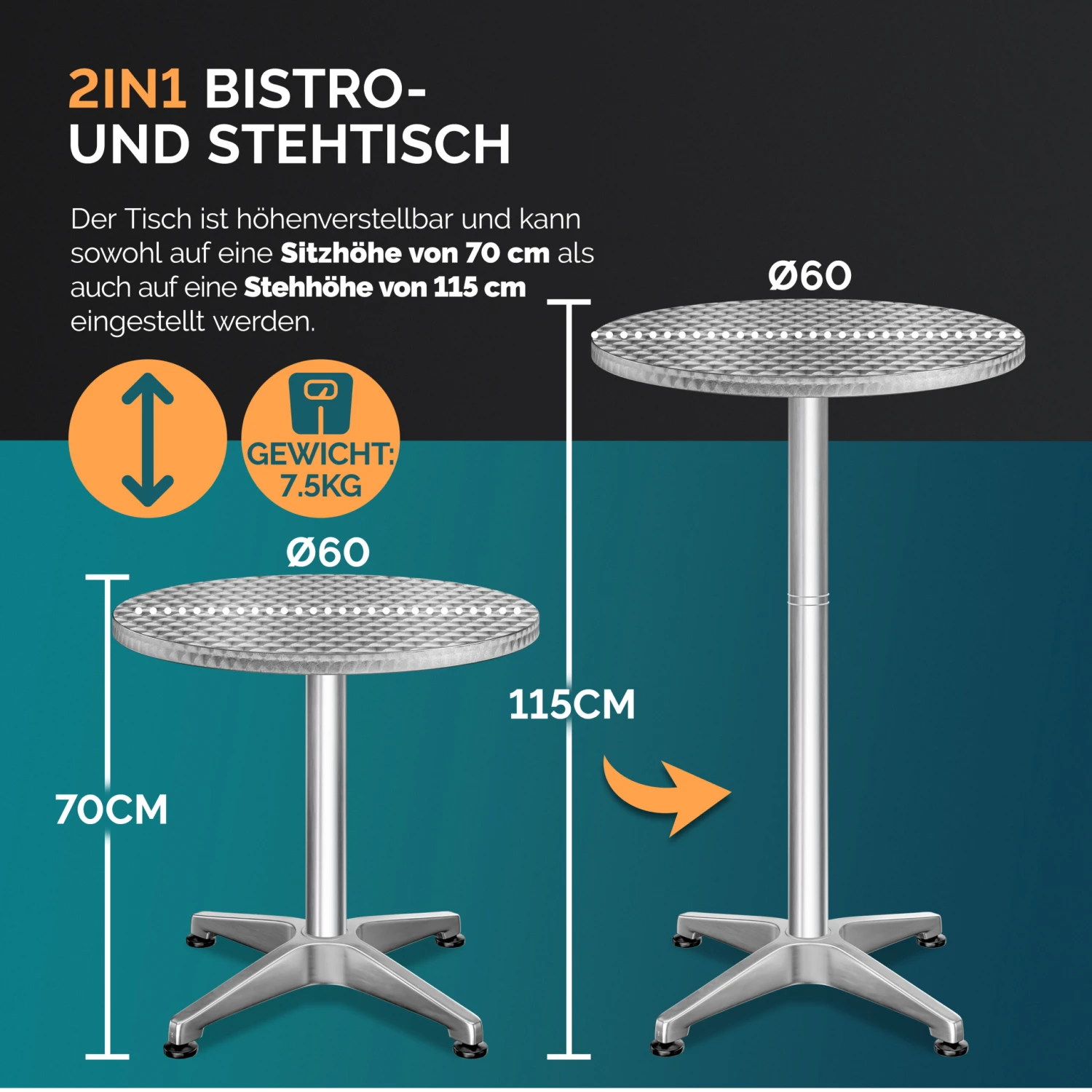 Stehtisch Silber Alu Ø60cm Höhenverstellbar – Bild 7