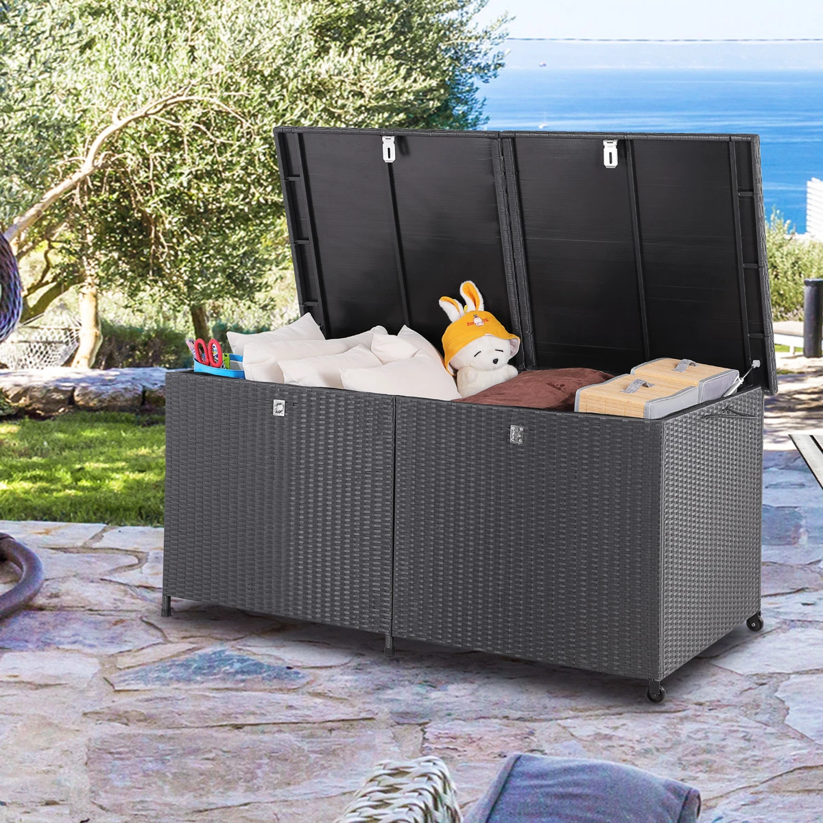Polyrattan-Auflagenbox Schwarz 150x77x73cm Mit Rollen – Bild 14