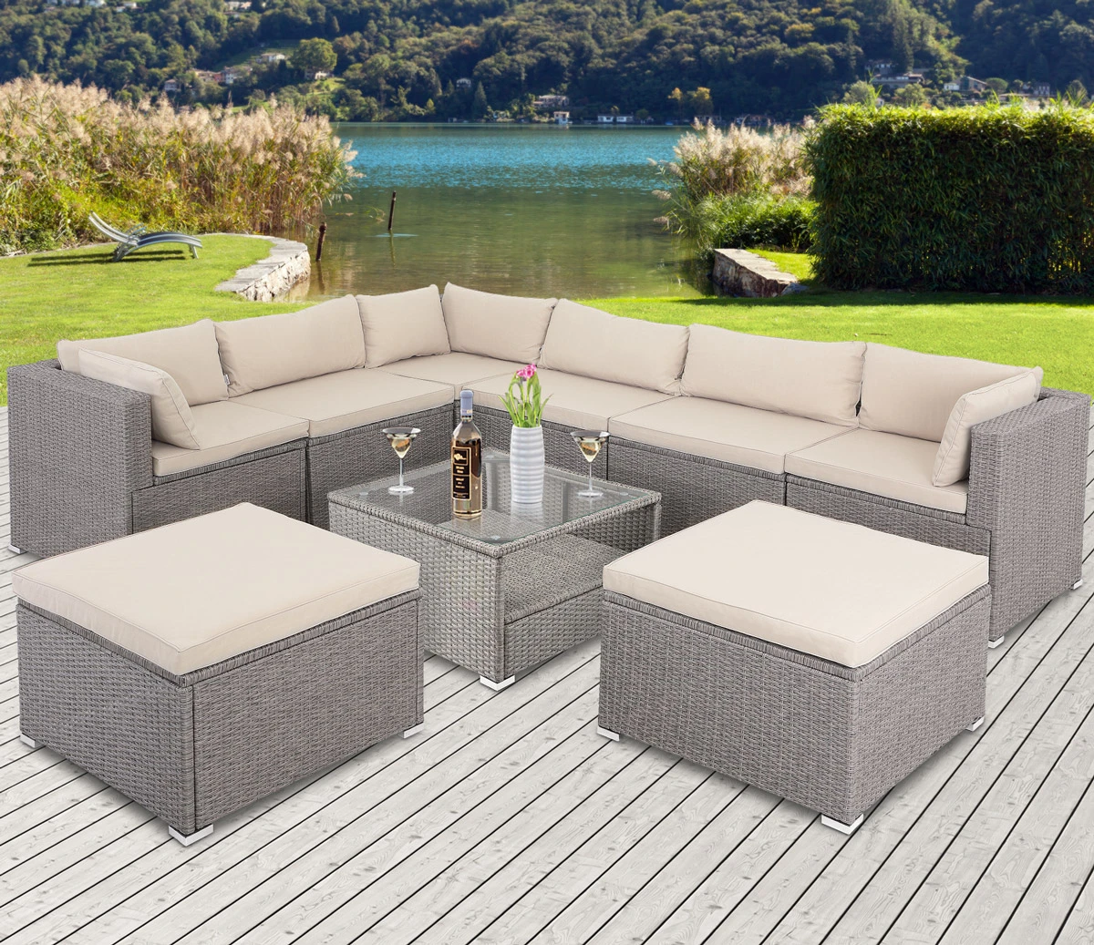Polyrattan Ecklounge XXL Creme/Beige Inkl. Kissen – Bild 3