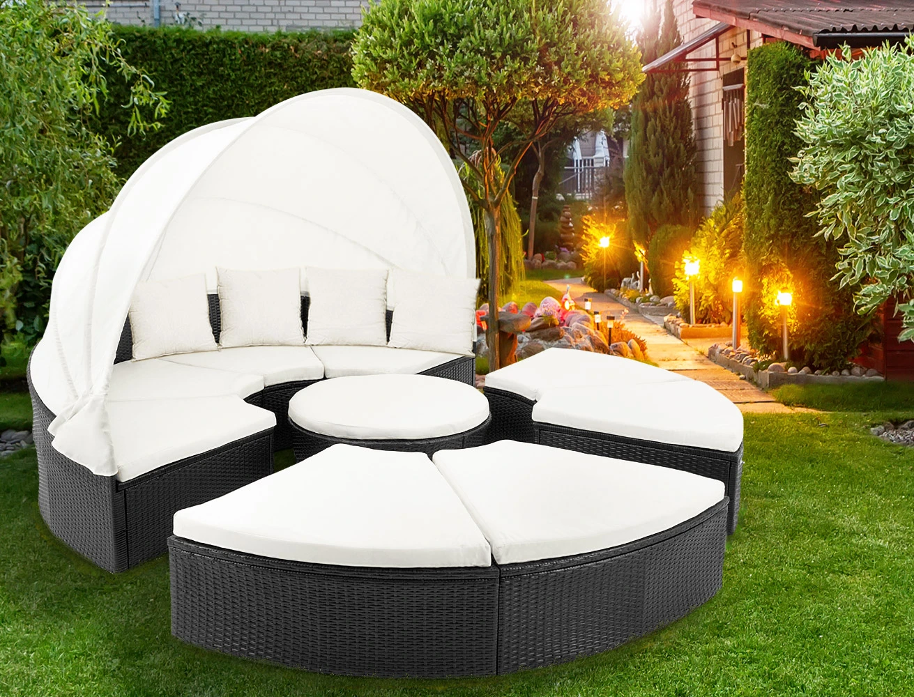 Polyrattan Sonneninsel Schwarz/Creme Ø230cm – Bild 9