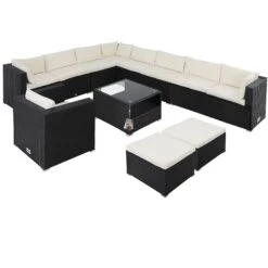 Polyrattan Ecklounge XXXL Schwarz/Creme Inkl. Kissen