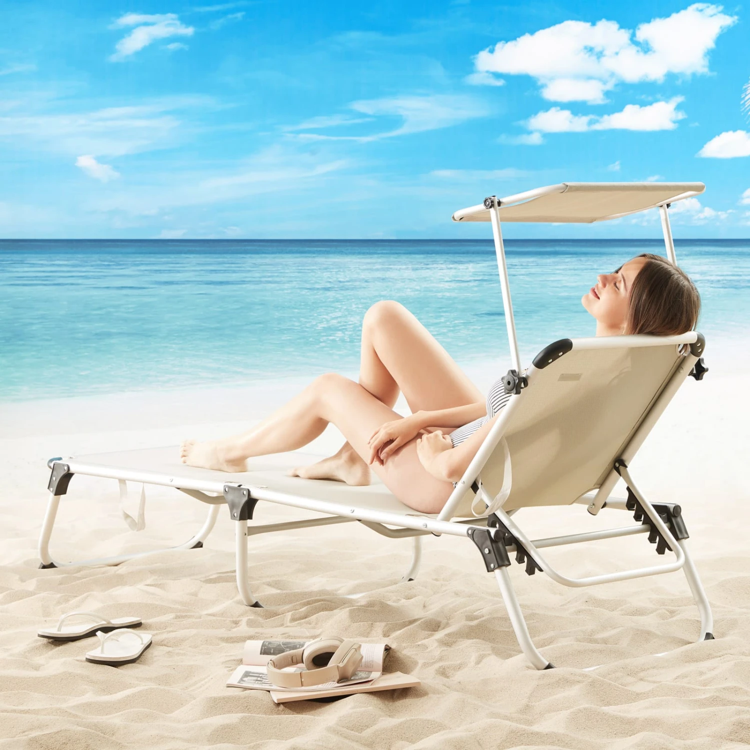 Sonnenliege Malta Creme Alu Mit Sonnendach – Bild 2