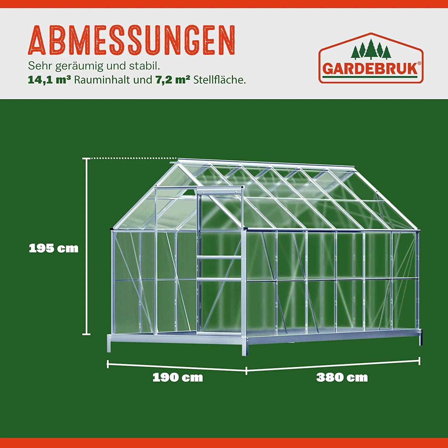 Alu Gewächshaus 380x190x195cm Mit Fundament – Bild 2