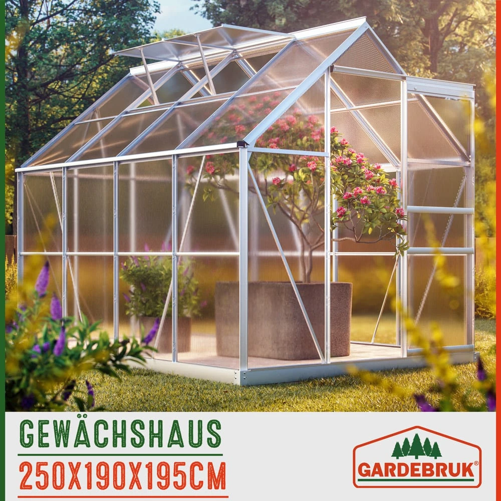 Alu Gewächshaus 250x190x195cm Mit Fundament – Bild 3
