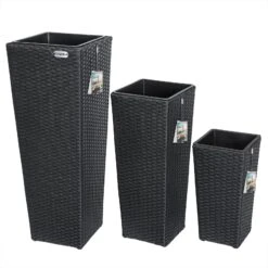 Polyrattan Blumentopf 3er-Set Schwarz
