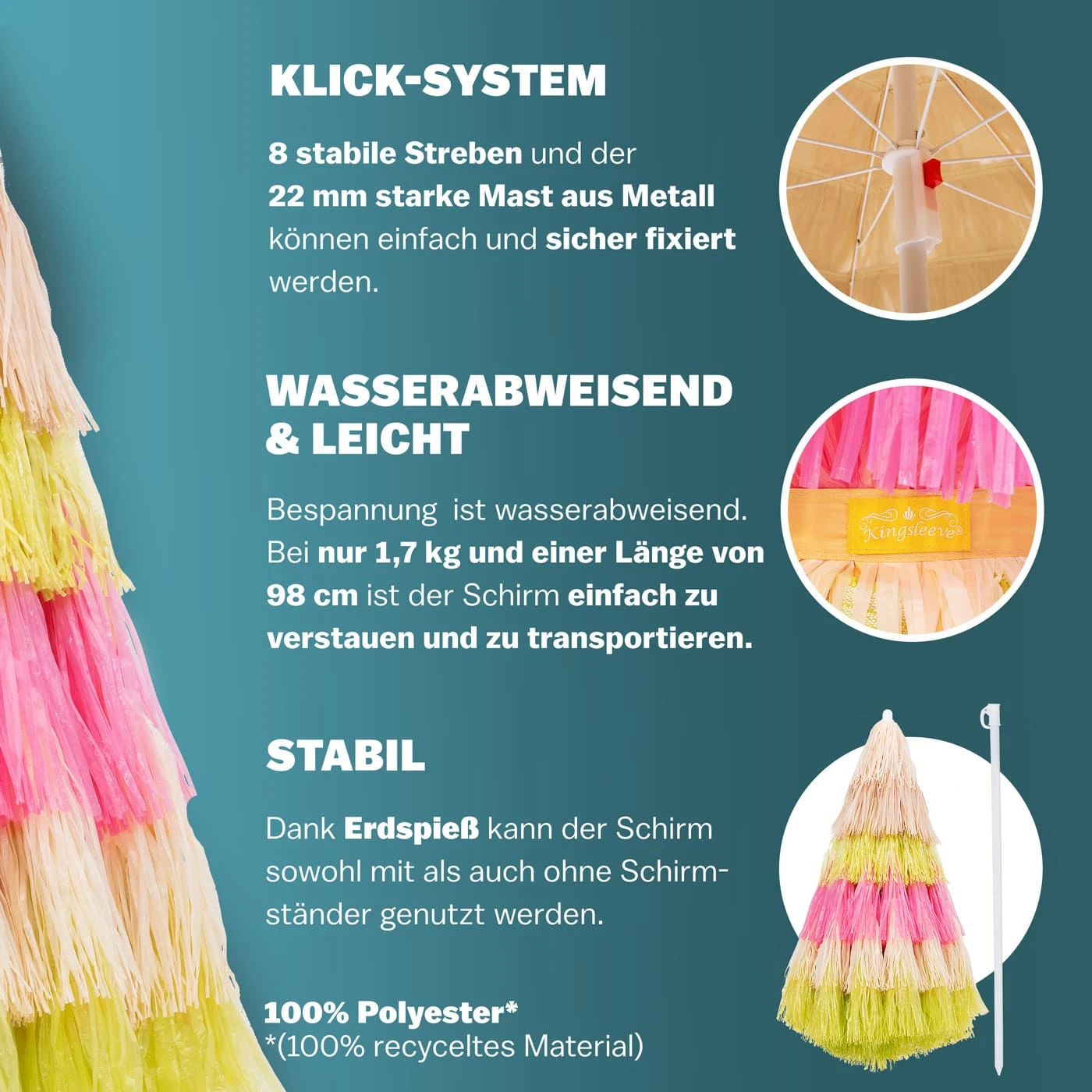 Sonnenschirm Hawaii Bunt Ø160cm UV-Schutz 30+ – Bild 4