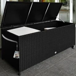 Polyrattan-Auflagenbox Schwarz 117,5x55x64,5cm Mit Rollen