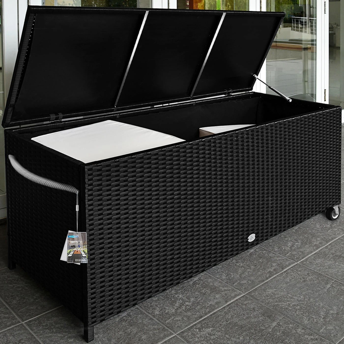 Polyrattan-Auflagenbox Schwarz 117,5x55x64,5cm Mit Rollen