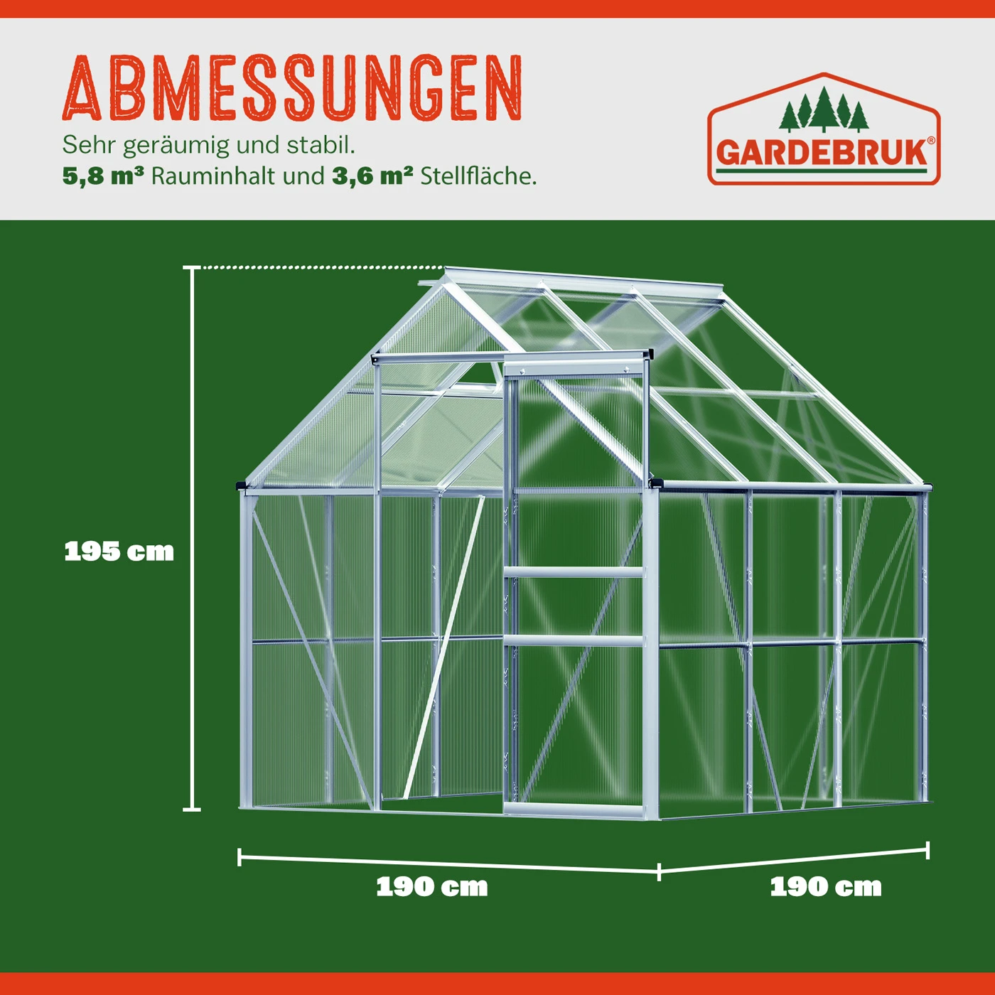 Alu Gewächshaus 190x190x195cm Mit Dachfenster – Bild 5