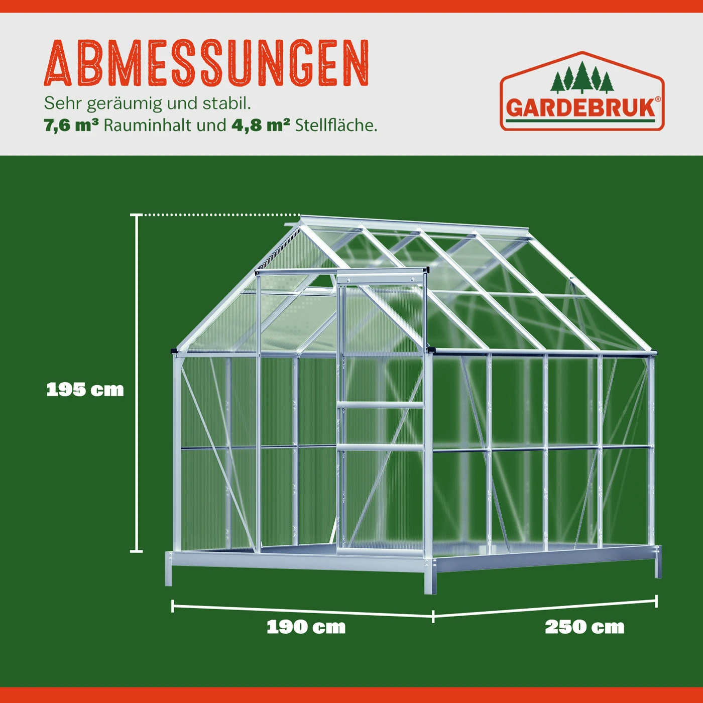 Alu Gewächshaus 250x190x195cm Mit Fundament – Bild 6