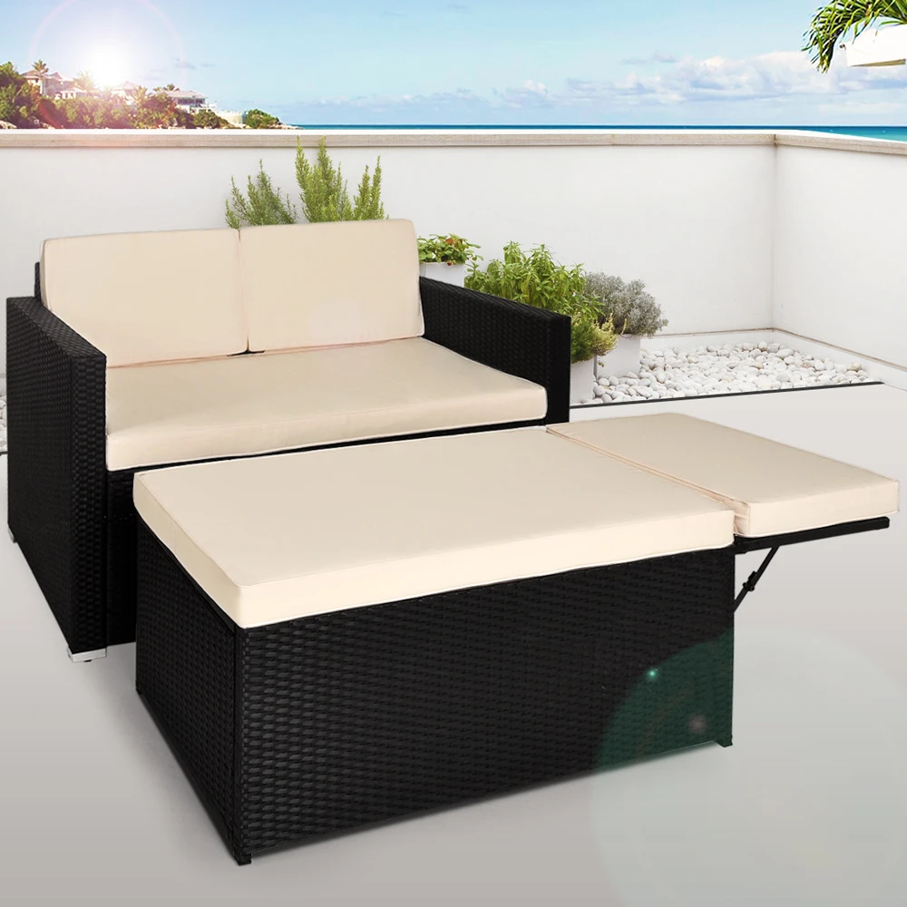 Polyrattan Bank Schwarz/Creme Mit Stauraum – Bild 3