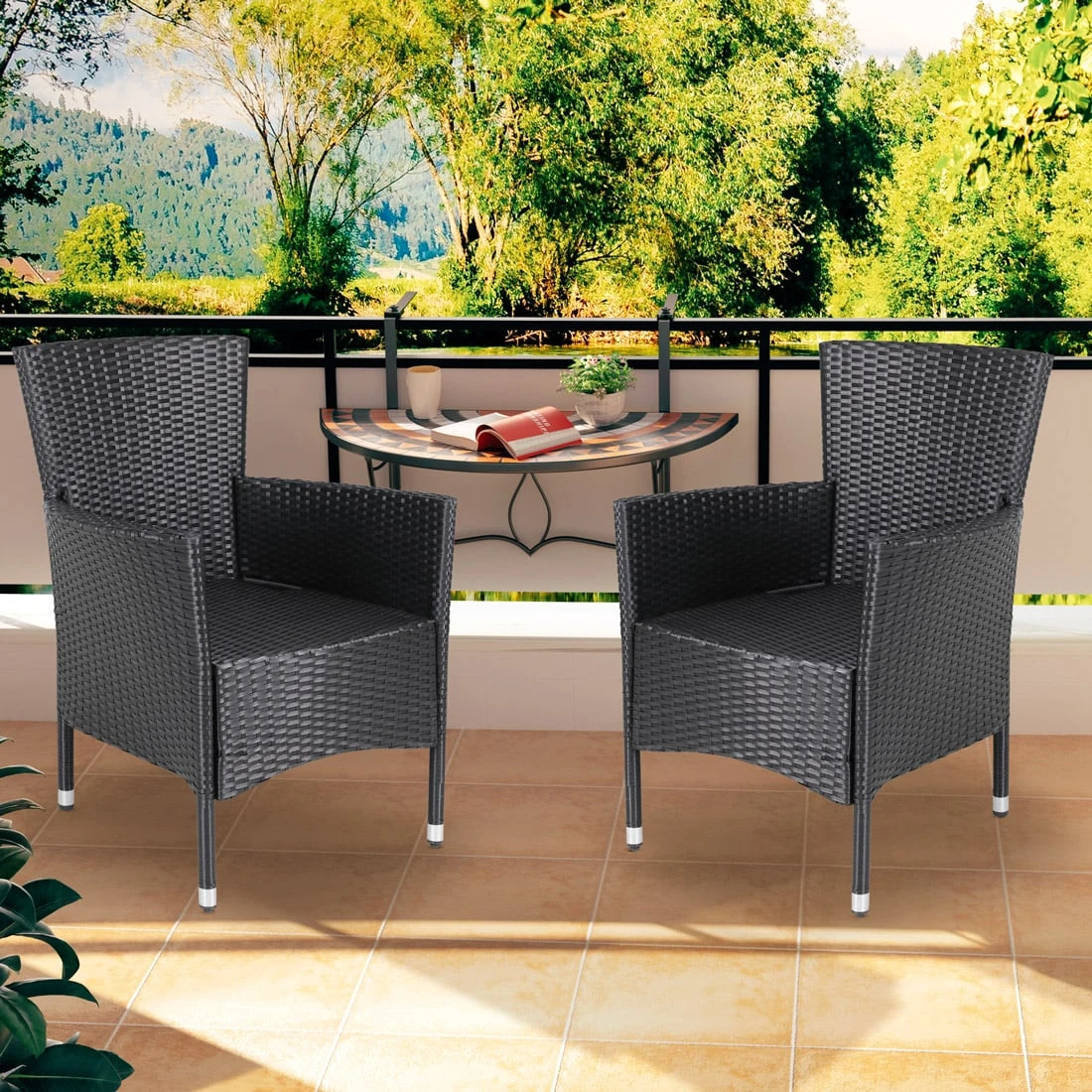 Polyrattan Gartenstuhl 3er-Set Schwarz Stapelbar – Bild 2